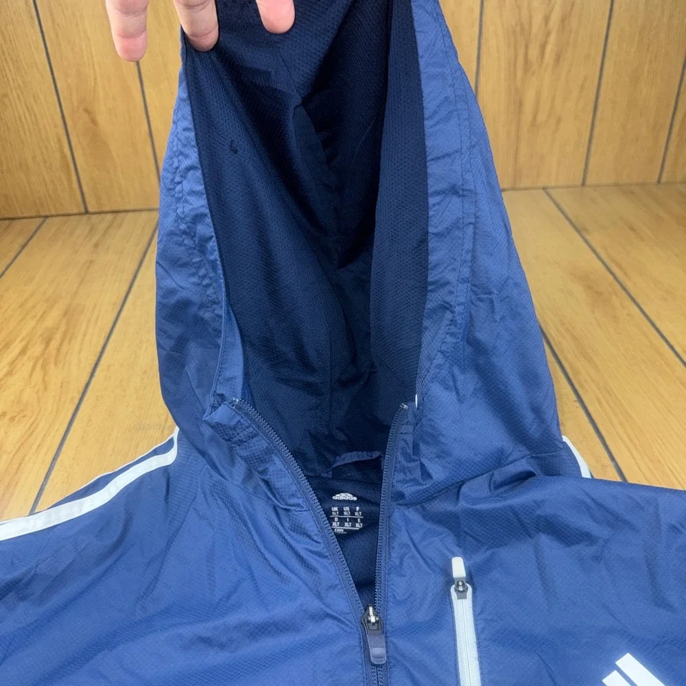 Adidas Mens Navy Blue 3-Stripe Hooded Windbreaker Jacket Mesh Lined‎ XLT